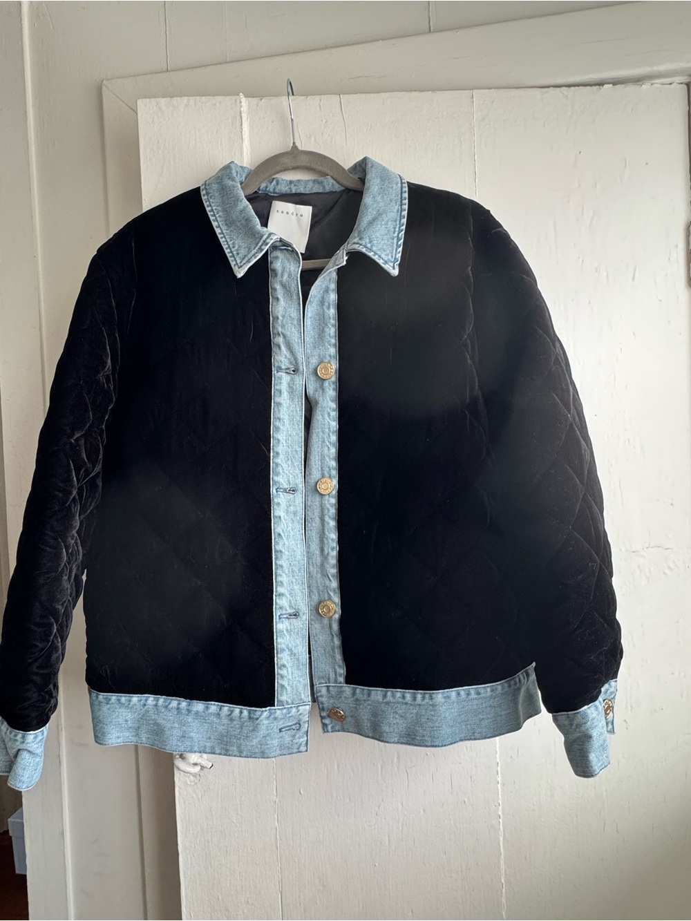 Sandro Black Quilted Jacket with Light Blue Denim Trim